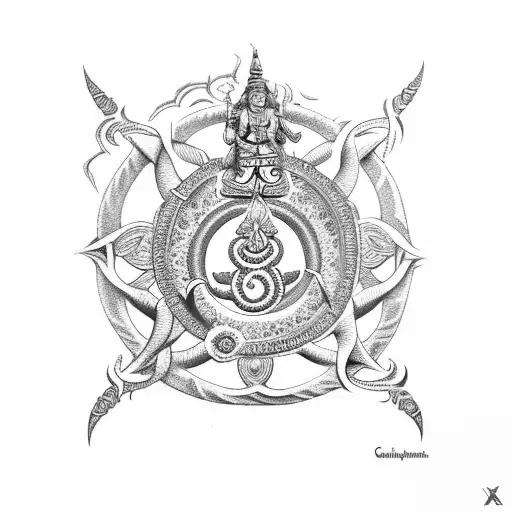 shiva trident with Ganesh tusk and Vishnu's chakram  tattoo design idea