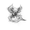 A wand intertwined with newspaper articles depicting important moments from the Harry Potter series tattoo design idea