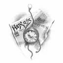 A wand intertwined with newspaper articles depicting important moments from the Harry Potter series tattoo design idea