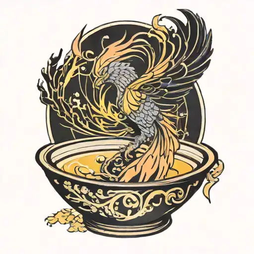 Phoenix reborn in kintsugi bowl tattoo design idea