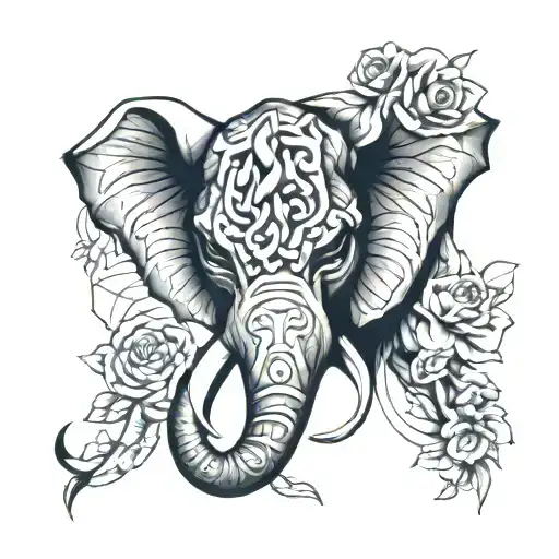 Hannya mask geometric floral elephant tattoo design idea