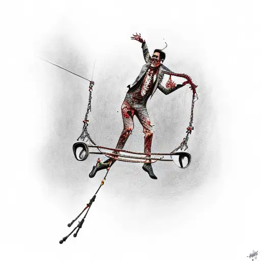 A zombie tightrope walker in a freak show setting tattoo design idea