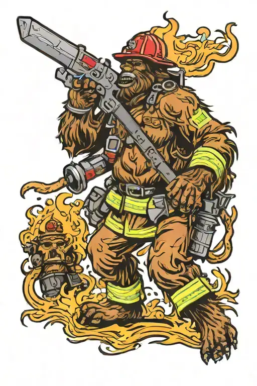 bigfoot firefighter battling flames tattoo design idea