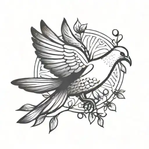 A stylized blackwork design of a dove carrying an olive branch, symbolizing peace and faith tattoo design idea