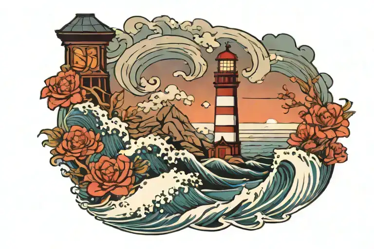 waves that calm in the middle to a lighthouse with calm water. incorporate Maryland colors tattoo design idea