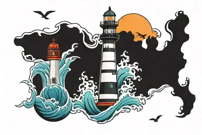 waves that calm in the middle to a lighthouse with calm water. incorporate Maryland colors tattoo design idea