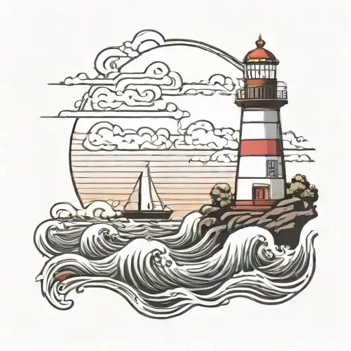 waves that calm in the middle to a lighthouse with calm water. incorporate Maryland flag colors tattoo design idea