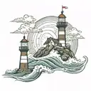 waves that calm in the middle to a lighthouse with calm water. incorporate Maryland colors tattoo design idea