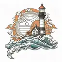 waves that calm in the middle to a lighthouse with calm water. incorporate Maryland colors tattoo design idea