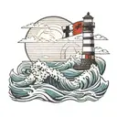 waves that calm in the middle to a lighthouse with calm water. incorporate Maryland flag colors tattoo design idea