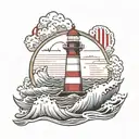 waves that calm in the middle to a lighthouse with calm water. incorporate Maryland flag colors tattoo design idea