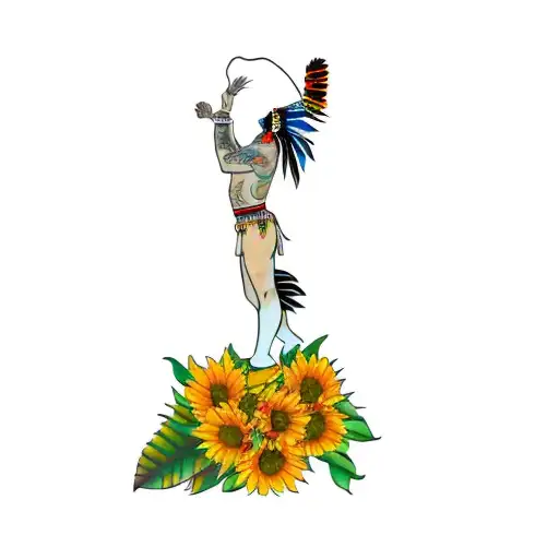 indian Chief dancing with sunflowers tattoo design idea