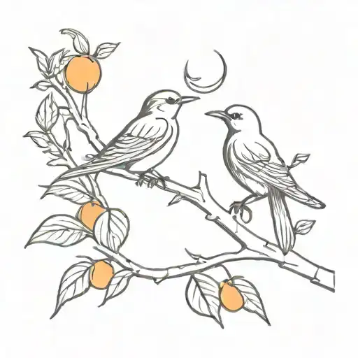 Two birds resting on a branch of an orange tree, with a crescent moon overhead tattoo design idea