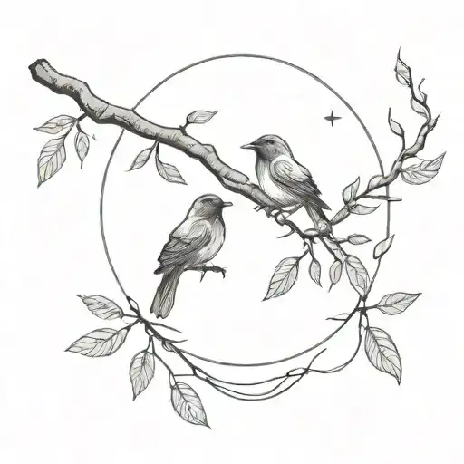 Two birds resting on a branch of an orange tree, with a crescent moon overhead tattoo design idea