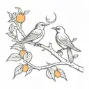 Two birds resting on a branch of an orange tree, with a crescent moon overhead tattoo design idea