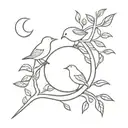 Two birds resting on a branch of an orange tree, with a crescent moon overhead tattoo design idea