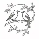 Two birds resting on a branch of an orange tree, with a crescent moon overhead tattoo design idea