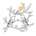 Two birds resting on a branch of an orange tree, with a crescent moon overhead tattoo design idea