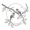Two birds resting on a branch of an orange tree, with a crescent moon overhead tattoo design idea