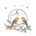 Two birds resting on a branch of an orange tree, with a crescent moon overhead tattoo design idea