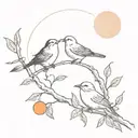 Two birds resting on a branch of an orange tree, with a crescent moon overhead tattoo design idea