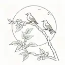 Two birds resting on a branch of an orange tree, with a crescent moon overhead tattoo design idea
