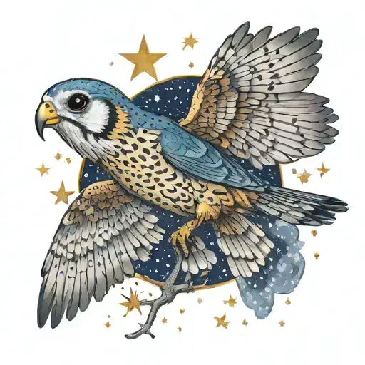kestral flying with serotonin element below and connected, with starry night in the serotonin image tattoo design idea
