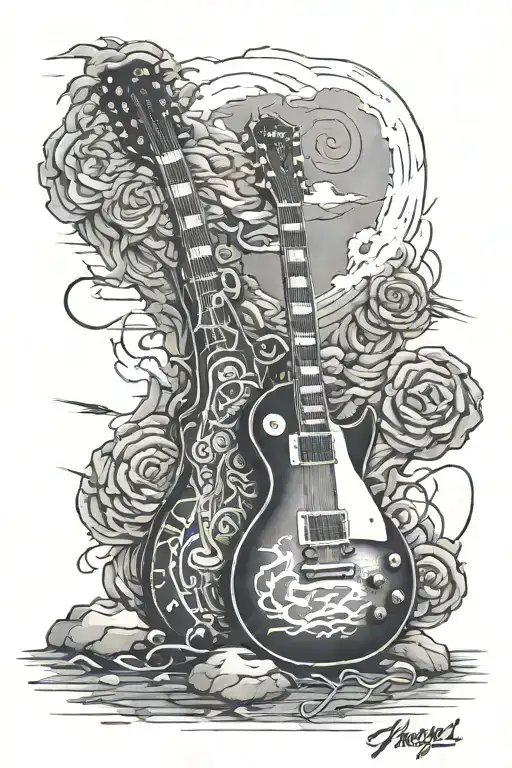 Gibson Les Paul before Marshall amplifier on a desert road dark cloudy sky with lightning tattoo design idea
