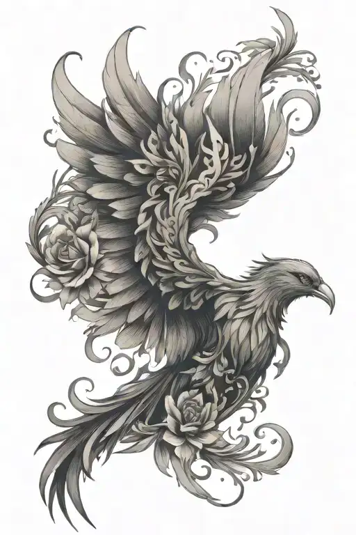 pheonix rising from the ashes, florals forming its shape, feminine, thigh piece  tattoo design idea