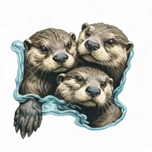 A pair of otters in water holding paws. tattoo design idea