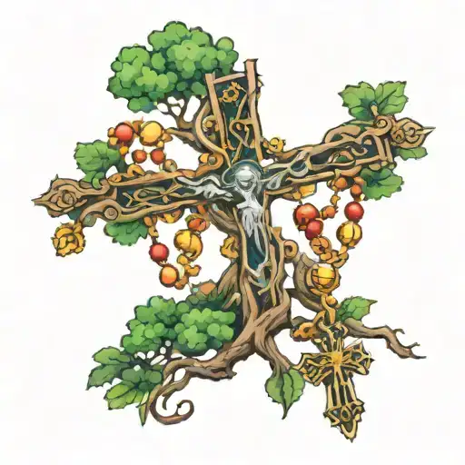 tree, trisul, vajra and christ rosary tattoo design idea