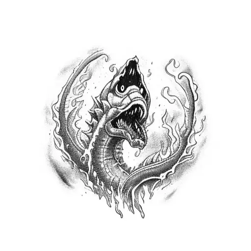 A fiery sea monster emerging from the depths tattoo design idea