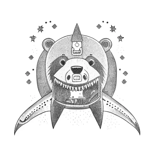 A bear driving a car with a shark fin on top tattoo design idea