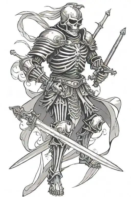 A skeleton knight in armour piercing himself with a sword. tattoo design idea
