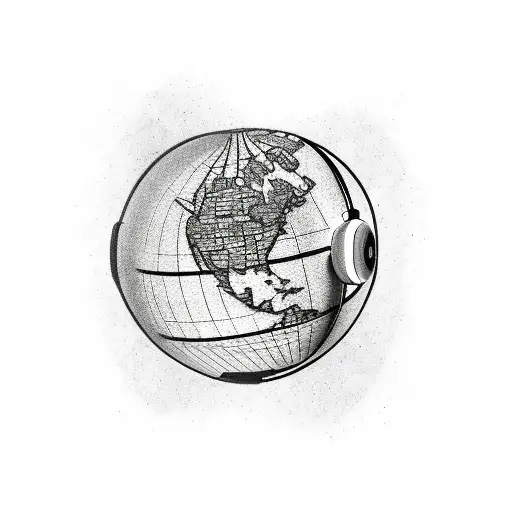 A new-school tattoo of a globe with film strips wrapped around it and headphones on top tattoo design idea