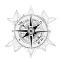 A film camera shooting a compass surrounded by birds in flight tattoo design idea