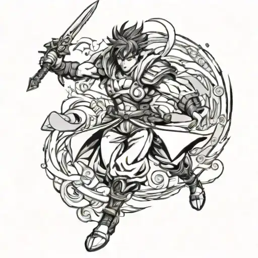 A dynamic anime character in a fierce battle pose, showcasing your passion for anime and war tattoo design idea
