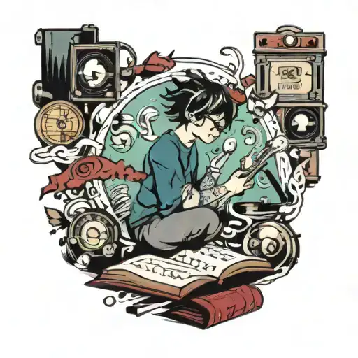 A traditional style tattoo of a student studying while surrounded by symbols representing music, games, and anime tattoo design idea