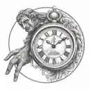 A Roman numeral clock face with the hands set to the time '14:49' to represent the year Julius Caesar was assassinated tattoo design idea