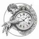 A Roman numeral clock face with the hands set to the time '14:49' to represent the year Julius Caesar was assassinated tattoo design idea