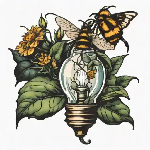 broken light bulb growing a plant with a bee tattoo design idea