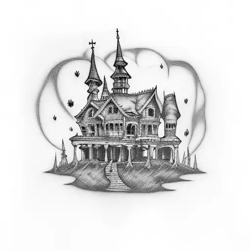 A tattoo of a spooky haunted house with ghosts and skeletons, inspired by true crime documentaries tattoo design idea