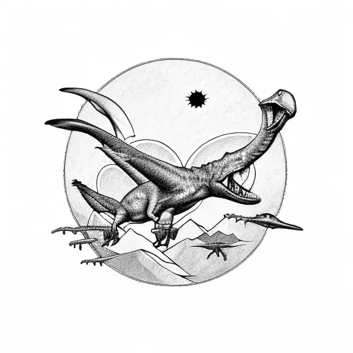 rocky mountains with small dinosaurs in front and pterodactyl and sun overhead tattoo design idea