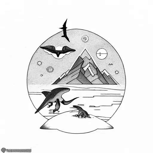 rocky mountains with small dinosaurs in front and pterodactyl and sun overhead tattoo design idea