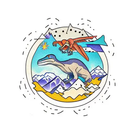 rocky mountains with small dinosaurs in front and pterodactyl and sun overhead tattoo design idea