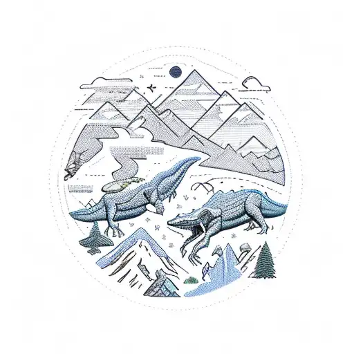 rocky mountains with small dinosaurs in front and pterodactyl and sun overhead tattoo design idea