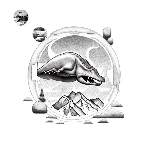rocky mountains with small dinosaurs in front and pterodactyl and sun overhead tattoo design idea