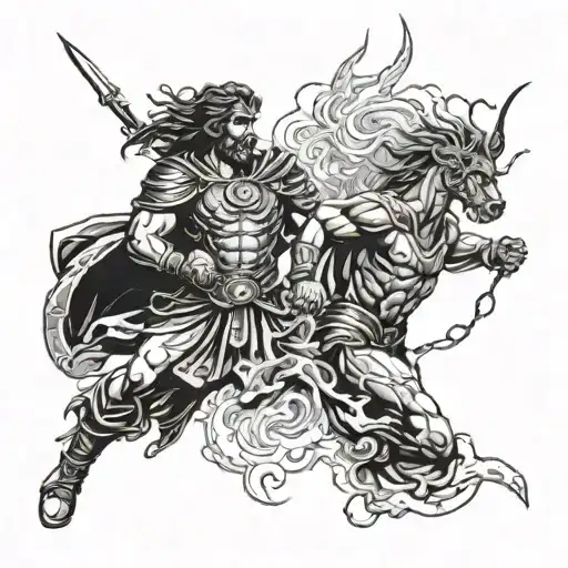 aincient roman gods and lightning storm with army's   tattoo design idea