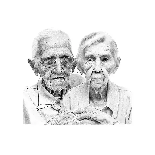 A graceful caregiver holding hands with an elderly person, surrounded by symbols of love and care tattoo design idea