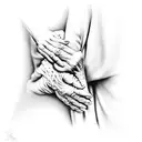 A graceful caregiver holding hands with an elderly person, surrounded by symbols of love and care tattoo design idea